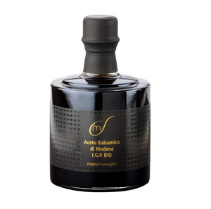 Flasche mit Mario Marseglia Aceto Balsamico di Modena I.G.P. BIO. Hochwertiger Balsamico-Essig aus Italien